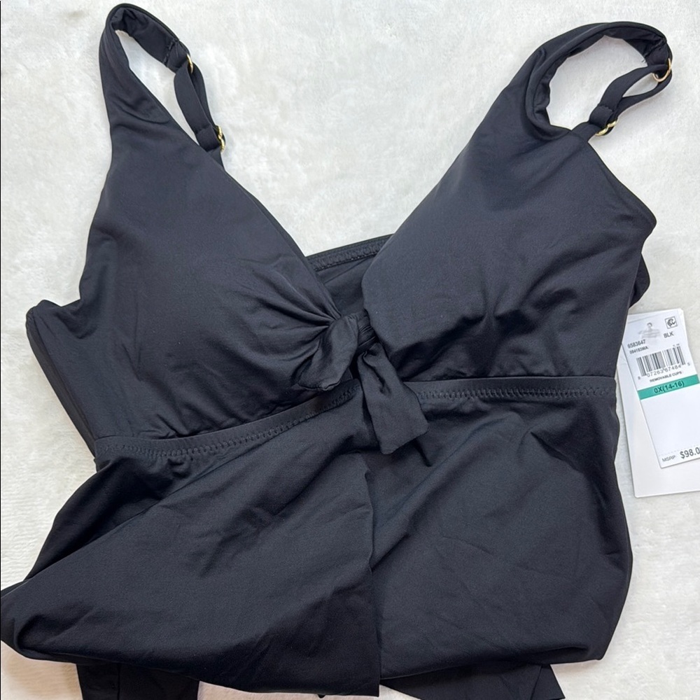 Black Tie-Front Swimsuit Top - Picture 2 of 6